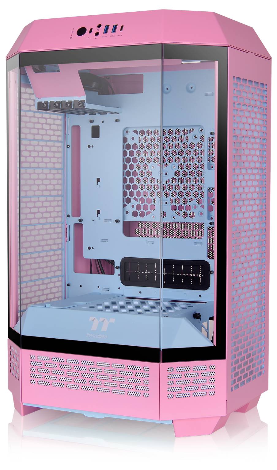 Ein rosa und blaues Computergehäuse mit Glasfront und Mesh-Seitenpanels. Es ist leer und bereit für Komponenteninstallationen.