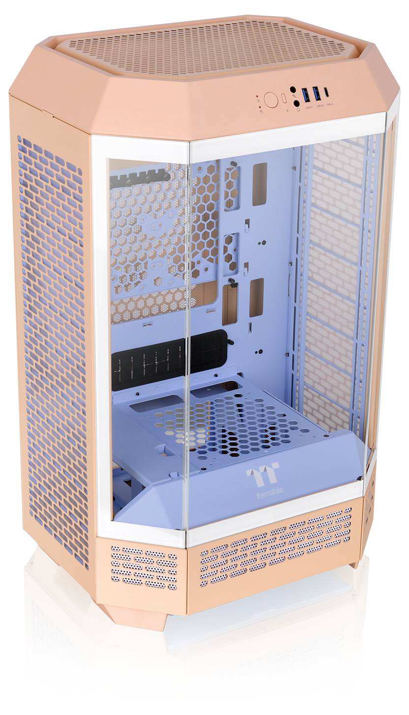 Ein rosafarbenes, sechseckiges Computergehäuse mit Glasfronten und blauen Innenkomponenten, geeignet für PC-Bauprojekte.