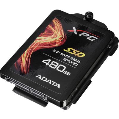 'Solid-State-Drive (SSD) ADATA XPG 480GB. Schwarz mit rotem Flammenmuster. Angeschrieben mit 2.5” SATA 6Gb/s SX930.'