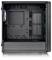 Schwarzes PC-Gehäuse mit geöffnetem Seitenteil. Sichtbar sind RGB-Lüfter auf der Rückseite und Platz für Mainboard und weitere Komponenten.