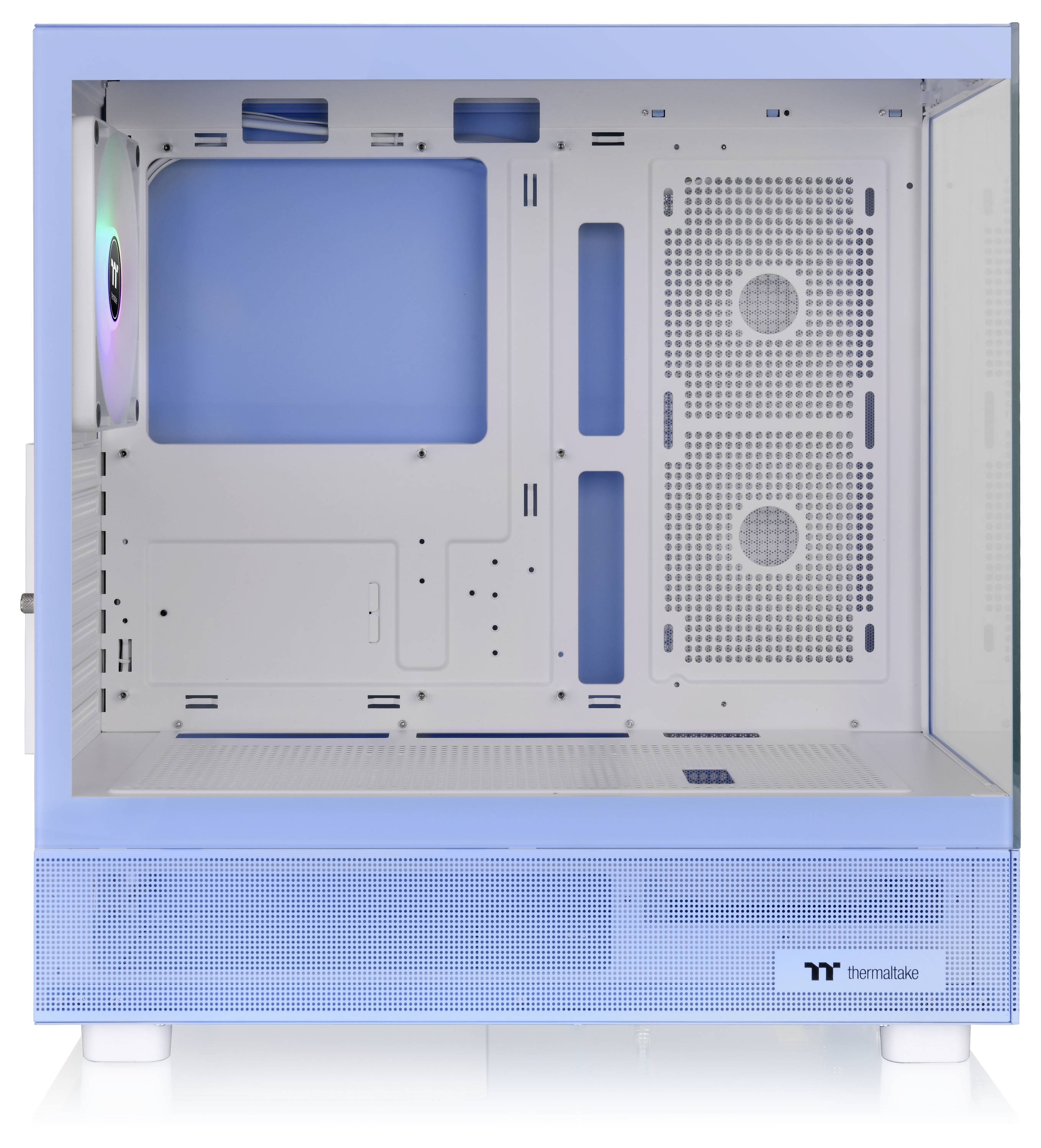 Blaues Computergehäuse mit transparentem Seitenfenster. Innen sind Lüfterplätze und ein Montagerahmen für PC-Komponenten sichtbar.
