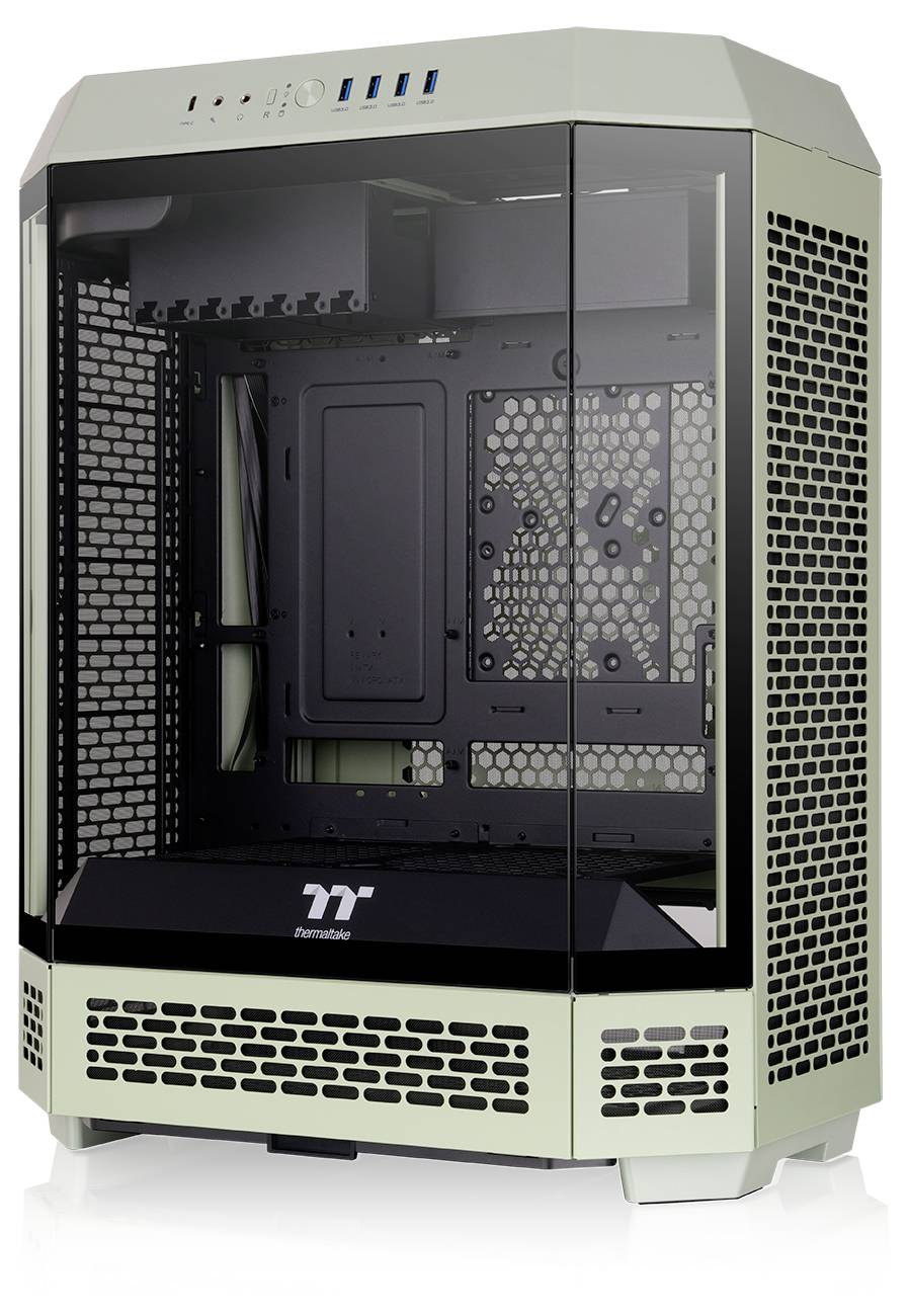 Ein leerer PC-Gehäuse-Tower mit Glasfront und Mesh-Seiten zur Belüftung. Geeignet für die Montage von Computerhardware.