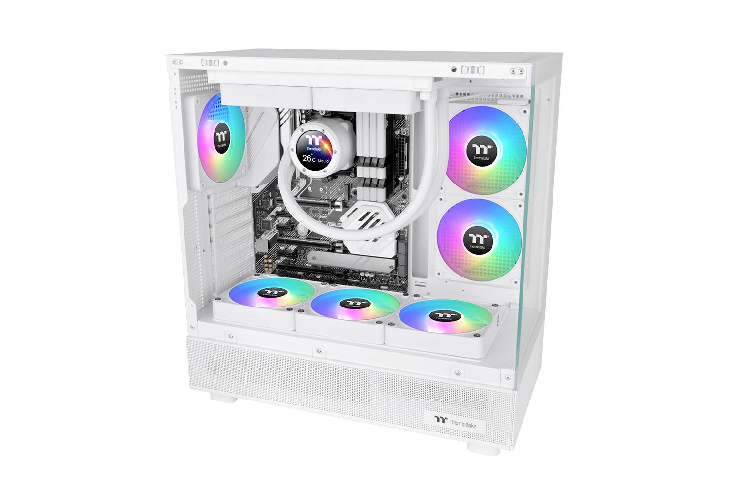 Ein weißer Computergehäuse mit offenem Seitenfenster zeigt ein Motherboard und bunte Lüfterbeleuchtung im Inneren.