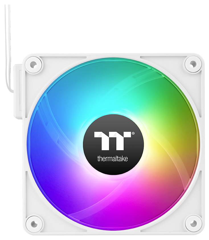 RGB-Gehäuselüfter von Thermaltake in quadratischer weißer Halterung, leuchtet in Regenbogenfarben.