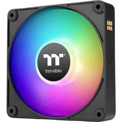 Ein RGB-Gehäuselüfter in quadratischem Rahmen, zeigt bunte Lichteffekte. Markenschild 'thermaltake' in der Mitte.