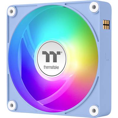 Ein bunter Computerlüfter mit LED-Beleuchtung in einem blauen Gehäuse, markiert mit dem Logo 'Thermaltake' in der Mitte.
