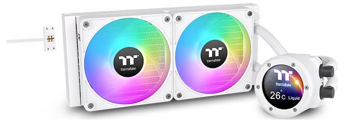 Zwei RGB-beleuchtete Computerlüfter mit Thermaltake-Logo, verbunden mit einer runden weißen Steuerungseinheit, die '26C Liquid' anzeigt.