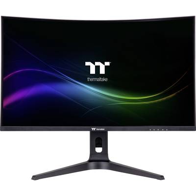 Gebogener Computermonitor der Marke 'Thermaltake' mit schwarzem Rahmen, hellem Display und Regenbogeneffekt, auf einem stabilen Ständer.