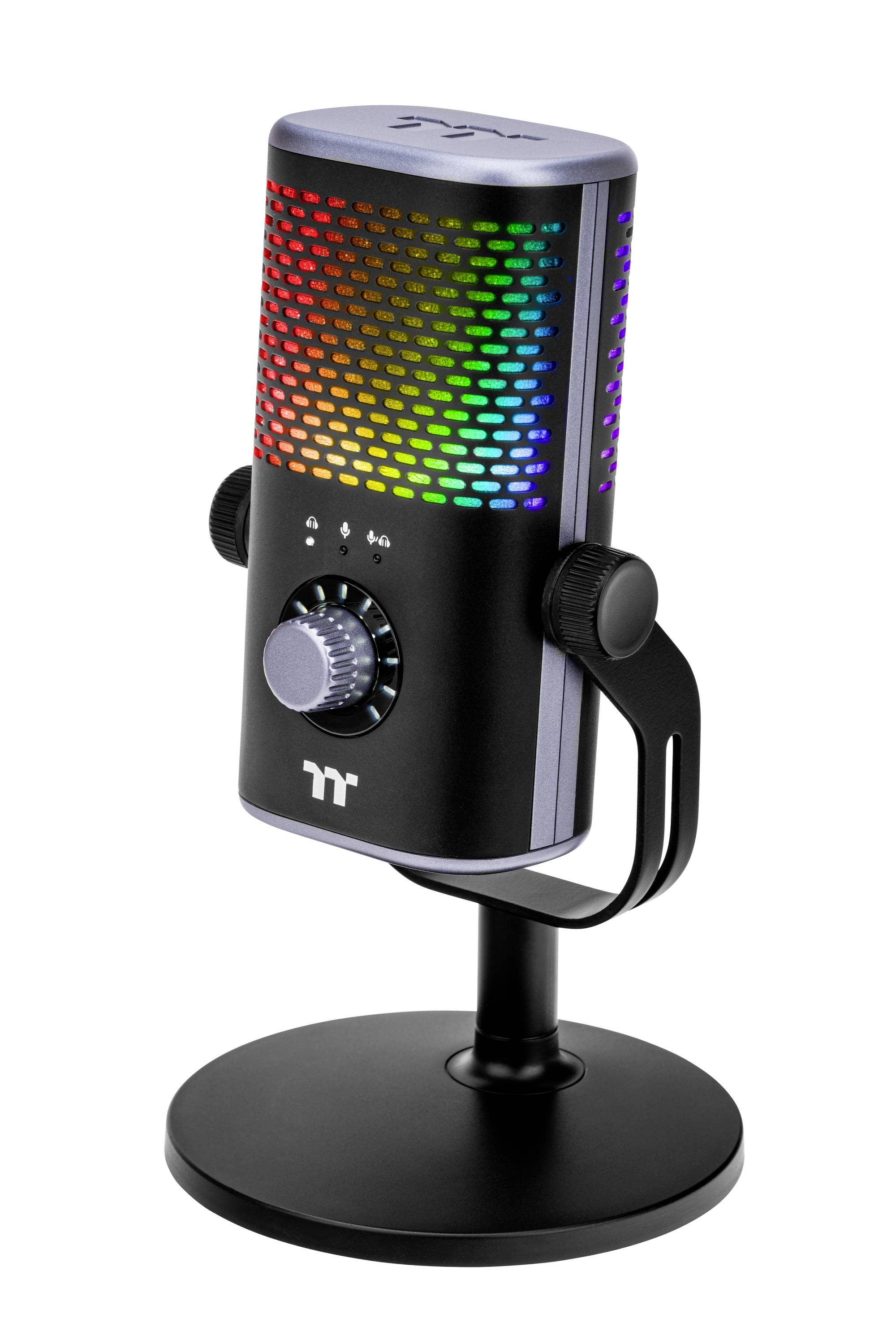 Ein schwarzes Mikrofon mit RGB-Beleuchtung auf einem Ständer. Es hat einen Drehknopf zur Steuerung. Ideal für Streaming oder Aufnahmen.
