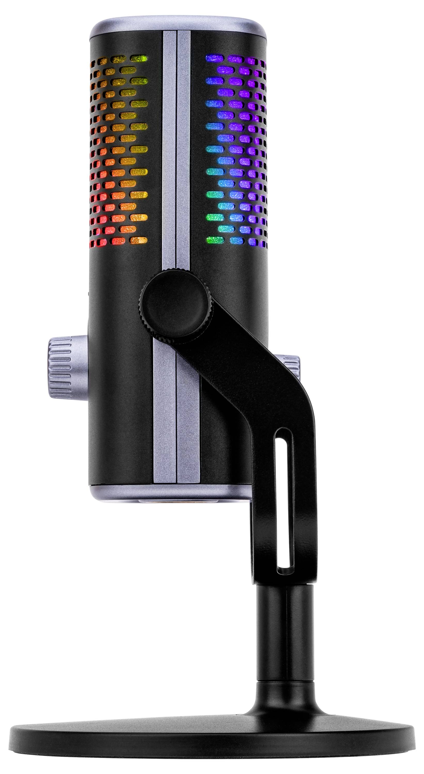 Mikrofon mit RGB-Beleuchtung in Regenbogenfarben auf einem schwarzen Ständer.