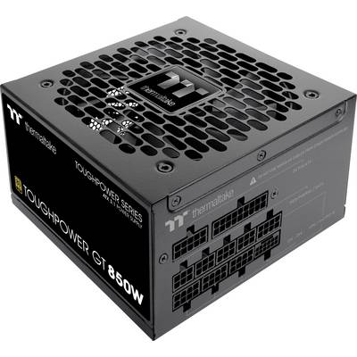 Schwarzes PC-Netzteil der Modellreihe 'Thermaltake Toughpower GT 850W' mit zahlreichen Anschlüssen und Lüftungsschlitzen oben.