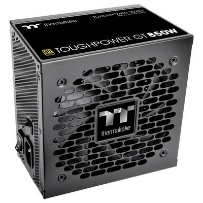 Schwarz-silbernes PC-Netzteil 'Thermaltake Toughpower GT 850W', sichtbare Lüftungsschlitze und Anschlüsse an der Rückseite.