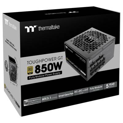 Netzteil-Verpackung mit 'Thermaltake Toughpower GT 850W', 80 Plus Gold, vollmodular, 5 Jahre Garantie, Lüftersteuerung, ATX 3.0.