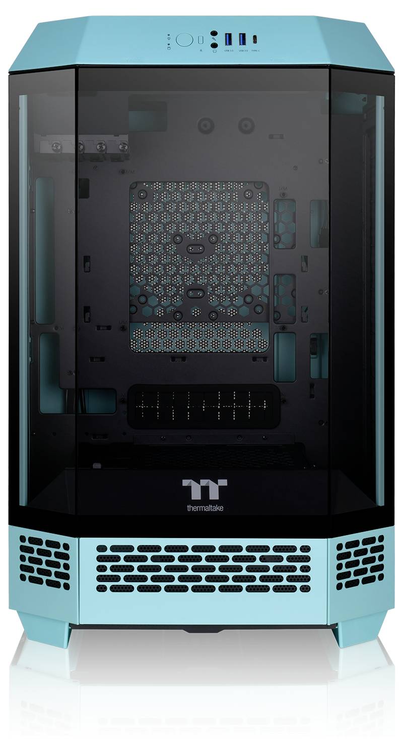 Ein blau-schwarzes PC-Gehäuse mit Glasfront und Seiten, internen Halterungen und sichtbarem Lüftungsgitter unten.
