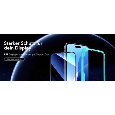 'Starker Schutz für dein Display, ESR Displayschutzfolie aus gehärtetem Glas. Nur für iPhone 16.' Drei Bildschirme vor planetarischem Hintergrund.
