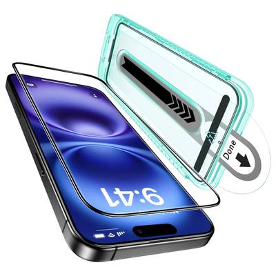 Smartphone mit aufgebrachter Displayschutzfolie, auf der 'Done' steht. Schutzhülle in transparentem Türkis, seitlich geöffnet.