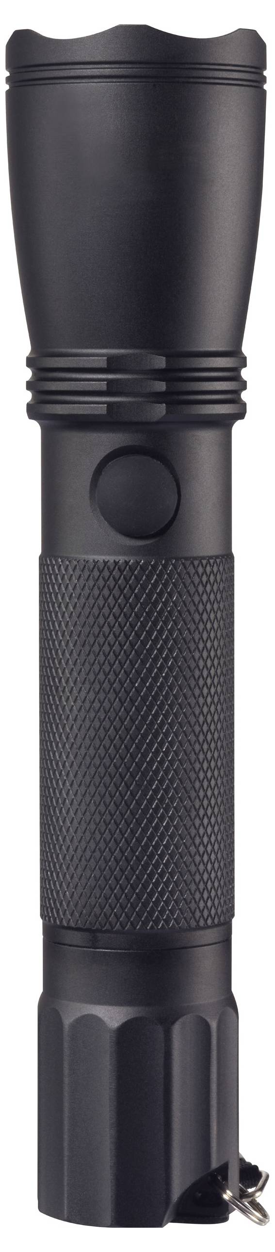 Schwarze, robuste Taschenlampe mit geriffeltem Griff und einem Druckknopf an der Seite. Geeignet für Outdoor-Aktivitäten.