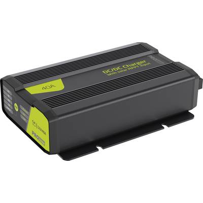 Ein schwarzes DC/DC-Ladegerät mit der Aufschrift '40A' und 'DC/DC Charger With solar MPPT Input'. Essentiell für Solaranwendungen.