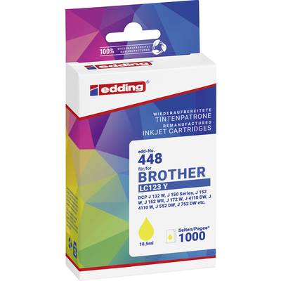 Verpackung einer remanufactured Tintenpatrone für Brother-Drucker, Modell LC123 Y, gelb, 1000 Seiten. Kompatibel mit diversen Modellen.