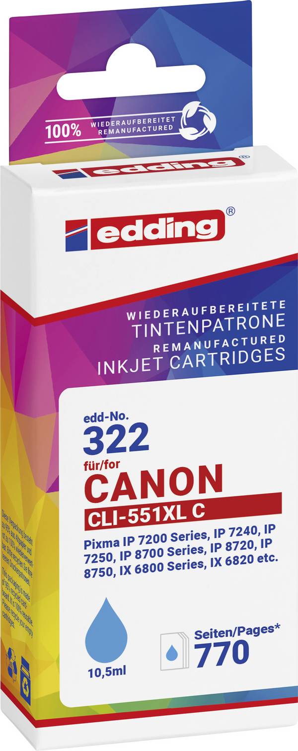 Edding Druckerpatrone ersetzt Canon CLI-551XL Kompatibel  Cyan EDD-322 18-322-01