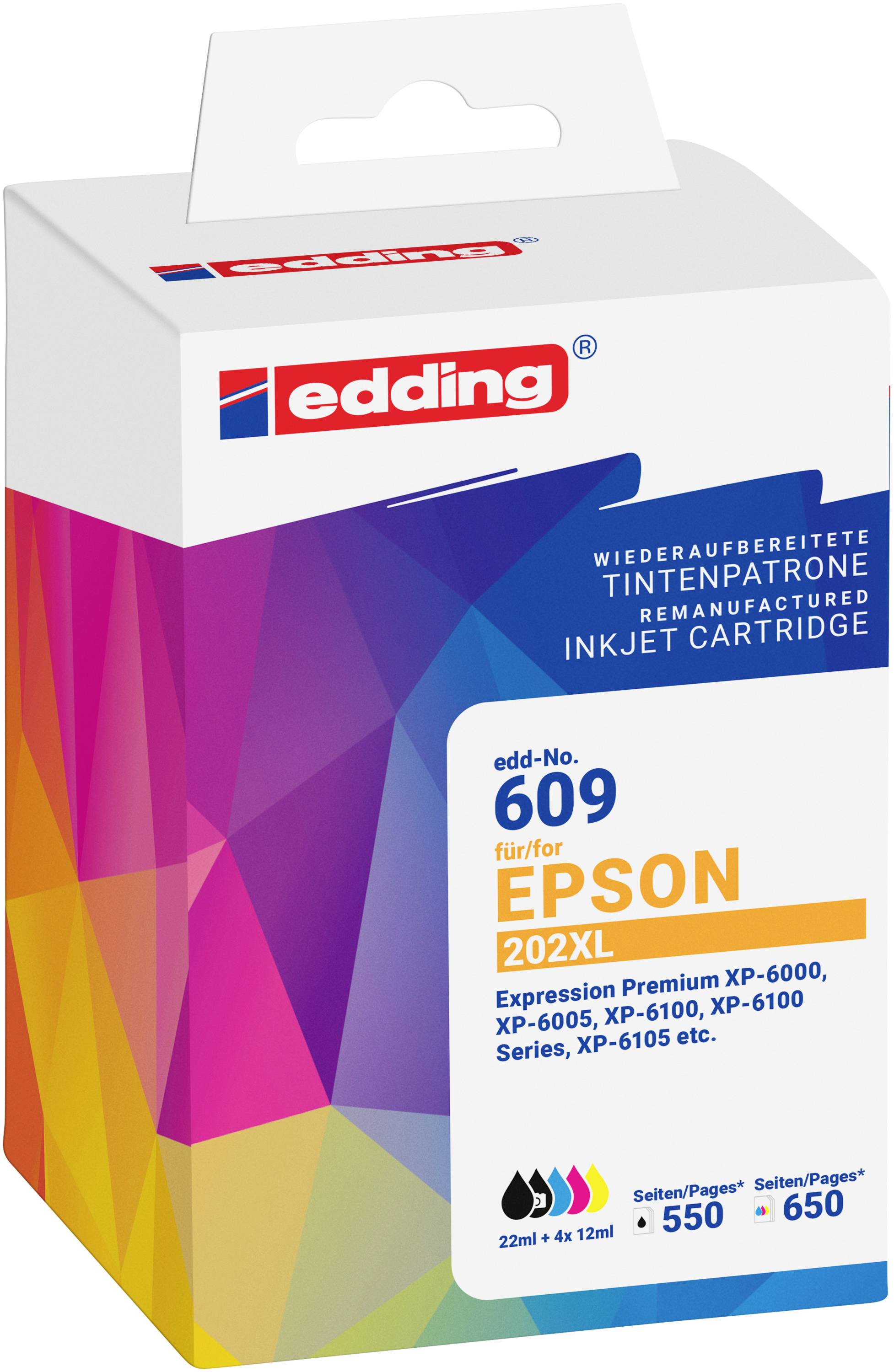 Edding Druckerpatrone ersetzt Epson 202XL Multipack 5 Kompatibel Kombi-Pack Schwarz, Photo Schwarz, Cyan, Magenta, Gelb -0