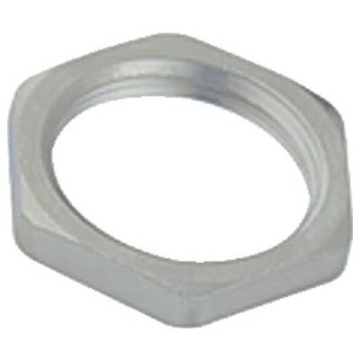 Silberne Sechskantmutter auf weißem Hintergrund, zeigt die Form und Metalloberfläche.