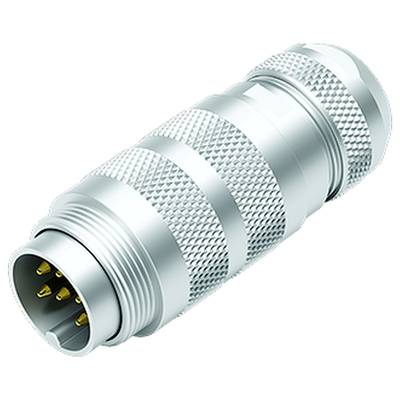 Silberner, zylindrischer Metallstecker mit mehreren vergoldeten Kontaktstiften. Verwendet für elektrische Verbindungen in technischen Geräten.