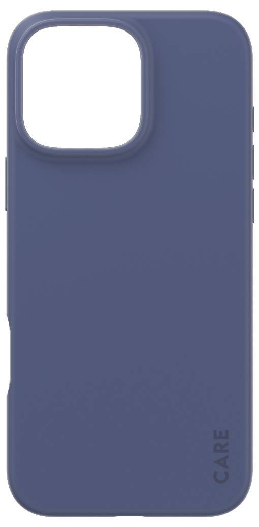 Blaue Handyhülle mit rechteckiger Aussparung für die Kamera. 'CARE' ist unten rechts in die Hülle eingeprägt.