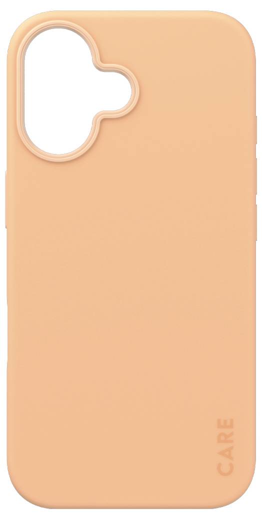 Orange Schutzhülle für ein Smartphone mit Aussparung für Kamera. Das Wort 'CARE' ist unten rechts aufgedruckt.