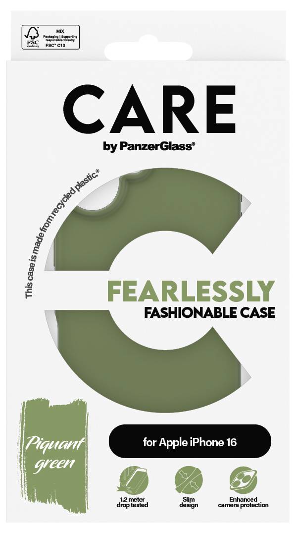 Grüne Handyhülle 'Piquant Green' von PanzerGlass für iPhone 16. Hergestellt aus recyceltem Plastik, bietet 1,2 Meter Fallschutz.