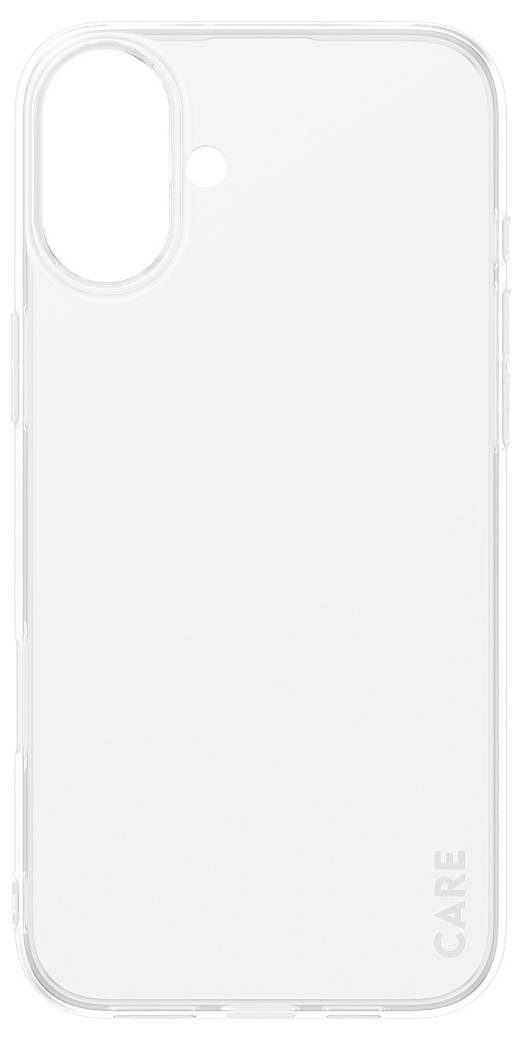 Durchsichtiges Smartphone-Case mit Kameraaussparung oben links, das aufrecht steht; unten rechts ist das Wort 'CARE' eingeprägt.