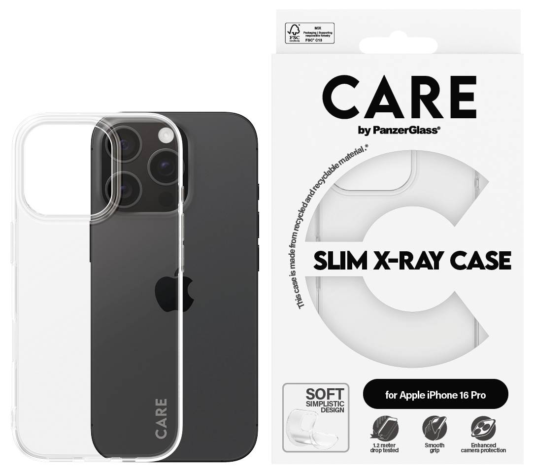Durchsichtige Handyhülle von PanzerGlass für iPhone 16 Pro, daneben die Verpackung mit der Aufschrift 'SLIM X-RAY CASE'.