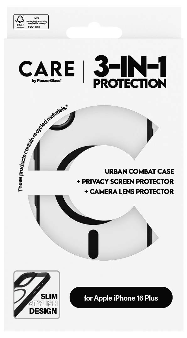 'CARE 3-in-1 Protection' Verpackung für Apple iPhone 16 Plus. Enthält Urban Combat Case, Privacy Screen Protector, Kamera-Linsenschutz.