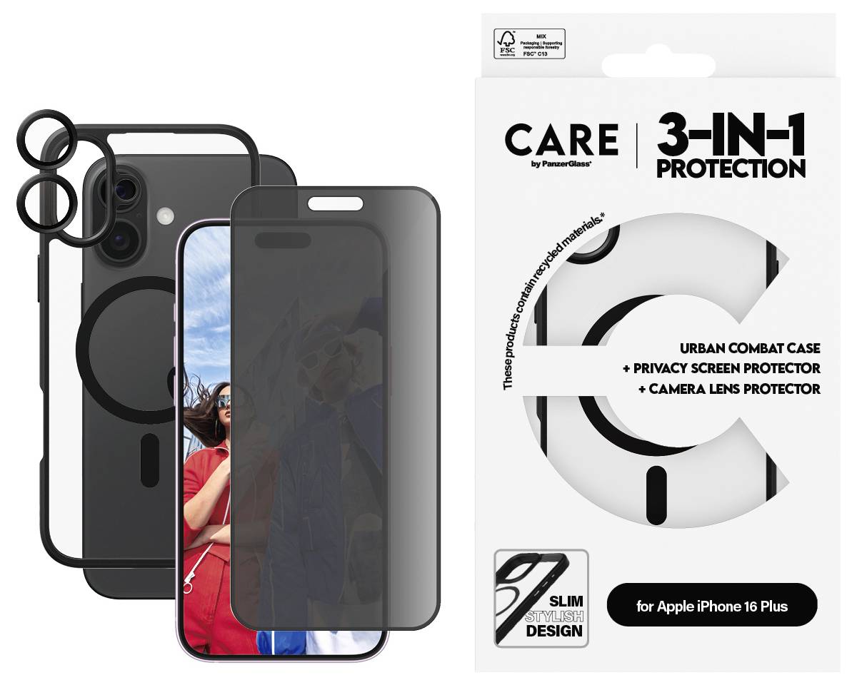 Smartphone-Schutzhüllen-Set mit Kamera- und Displayschutz für iPhone 16 Plus, abgebildet ist die Verpackung.