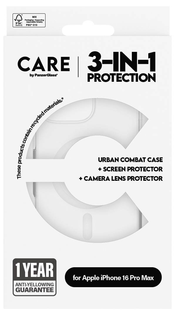 Verpackung eines 3-in-1 Schutzsets für das iPhone 16 Pro Max mit Urban Combat Case, Bildschirm- und Kameraabdeckung.