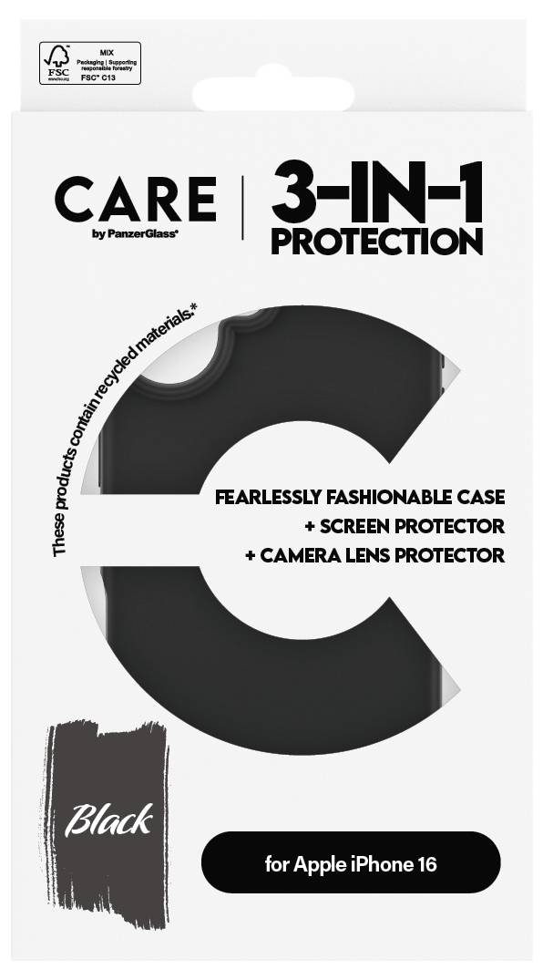 Verpackung eines 3-in-1-Schutzkits für Apple iPhone 16. Enthält Hülle, Displayschutz und Kameralinsenschutz, gefertigt aus recycelten Materialien.