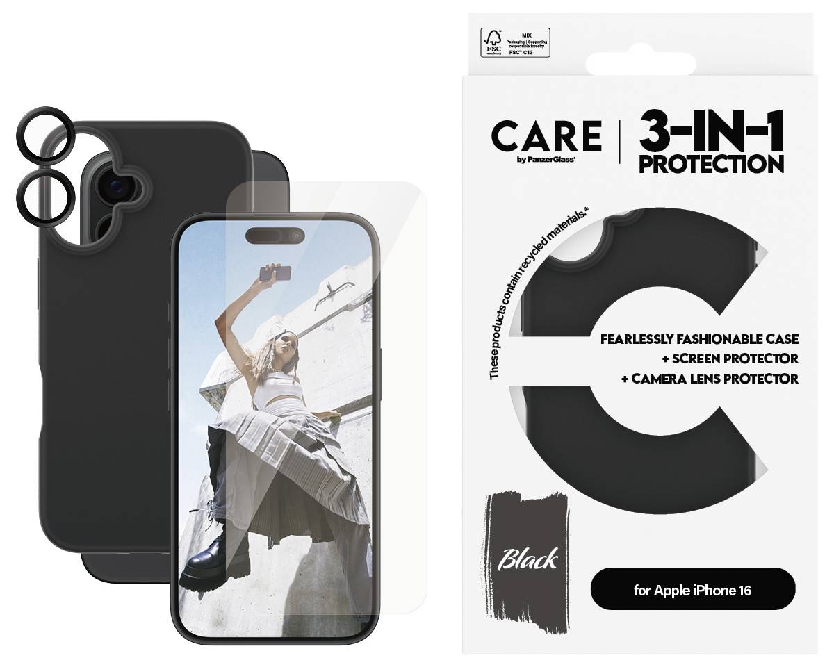 '3-in-1 Schutzset für Apple iPhone 16: Schwarze Hülle, Kameralinse und Displayschutz. Modisch und funktional.'