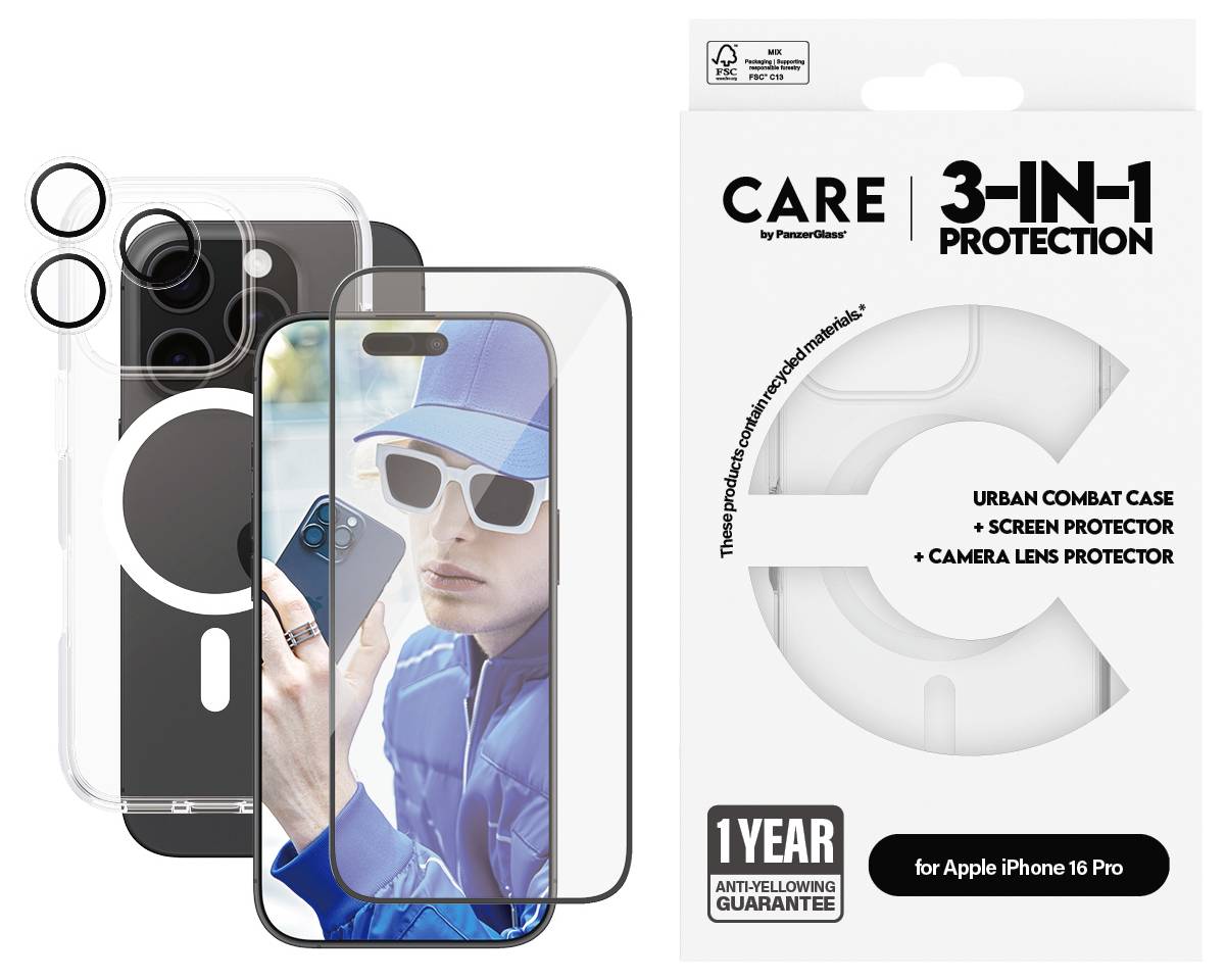 3-in-1 Schutzset für iPhone 16 Pro: transparente Hülle, Displayschutz, Kameraobjektivschutz. Verpackung zeigt Produktabbildung.