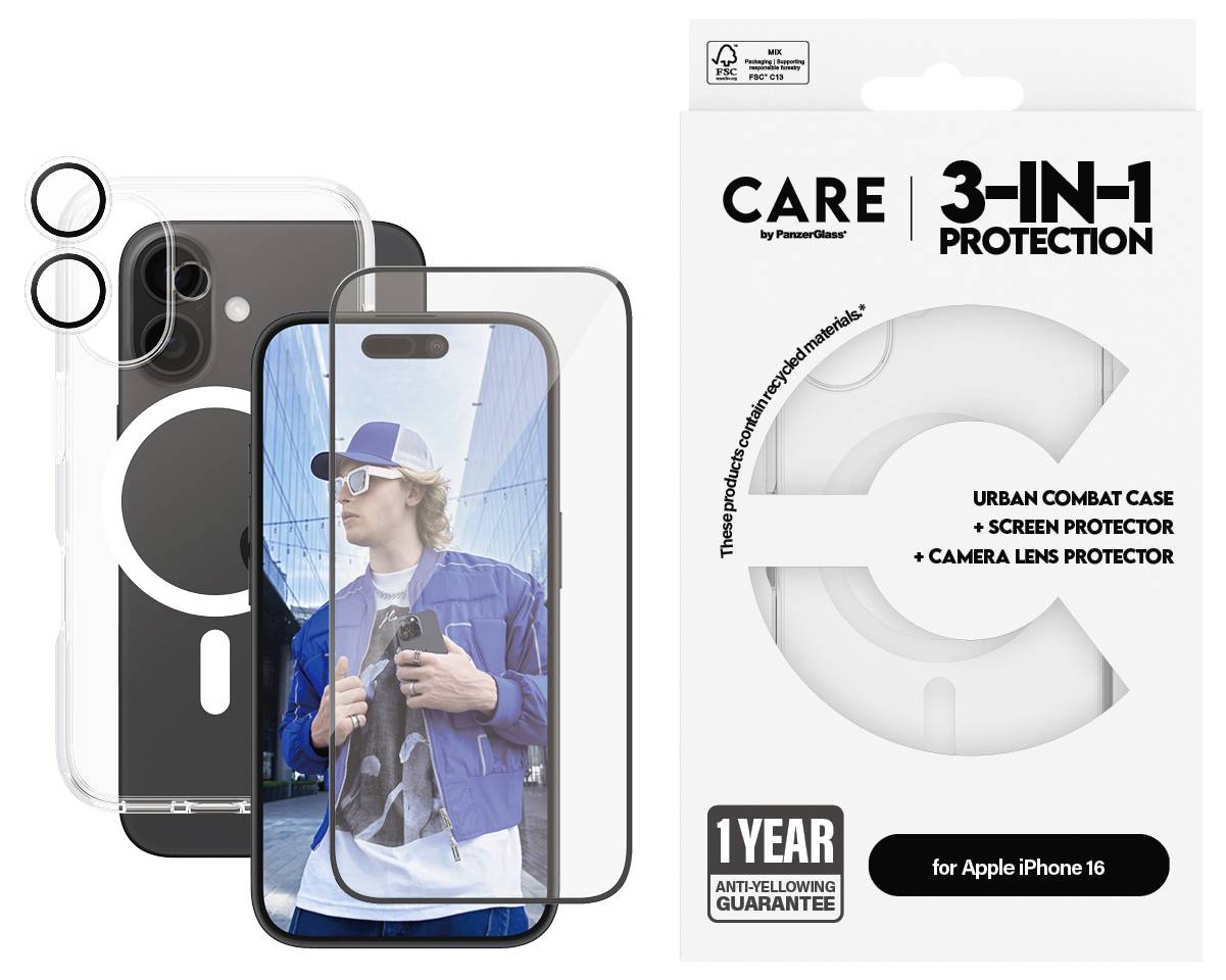 Schutzhülle für iPhone 16 mit Kameralinse und Displayschutz, abgebildet mit einer stilvollen Person. Verpackung weist auf 3-in-1-Schutz hin.