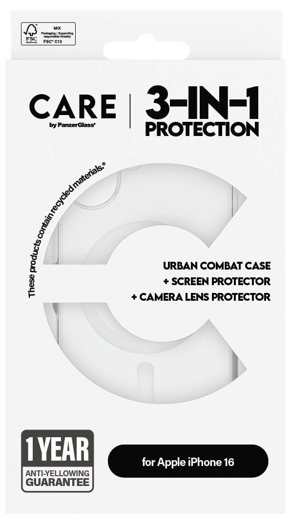 'CARE 3-IN-1 PROTECTION' Verpackung für Apple iPhone 16. Beinhaltet 'Urban Combat Case', 'Screen Protector', 'Camera Lens Protector'. 1 Jahr Garantie gegen Vergilbung.