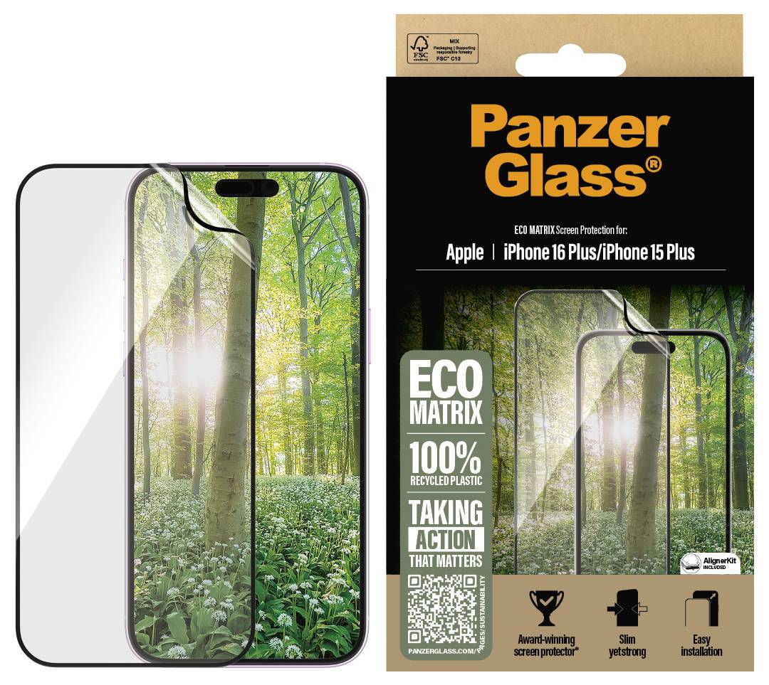 Schutzglas für iPhone 16 Plus/iPhone 15 Plus mit Verpackung. Verpackung betont Recyclingmaterial und Umweltschutz.