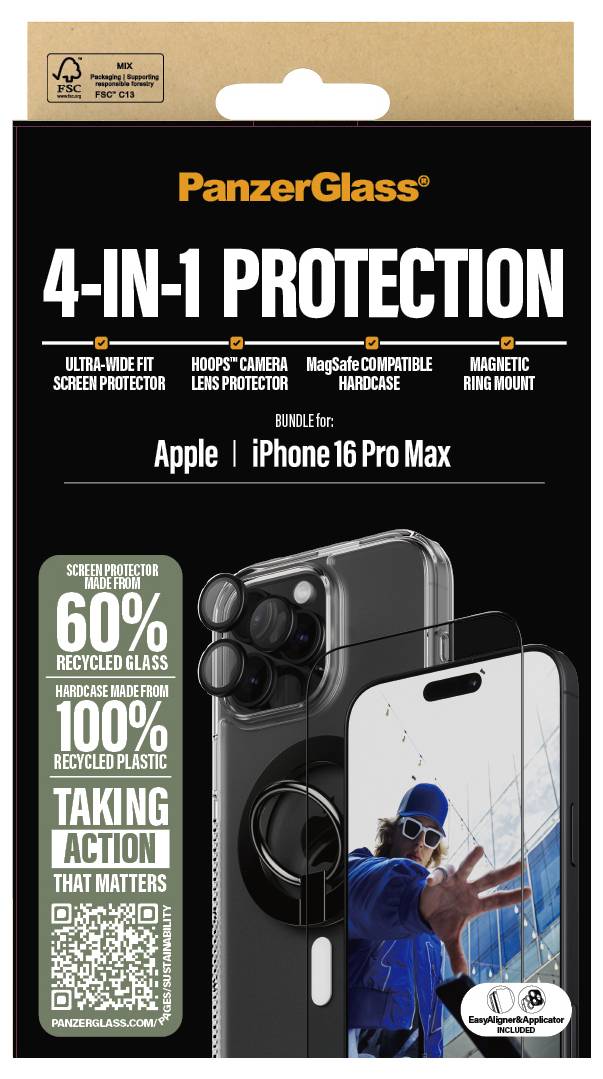 Produktverpackung für 'PanzerGlass 4-in-1 Protection' für iPhone 16 Pro Max. Enthält Bildschirm- und Kamera-Schutz, Hardcase und Ring Mount.