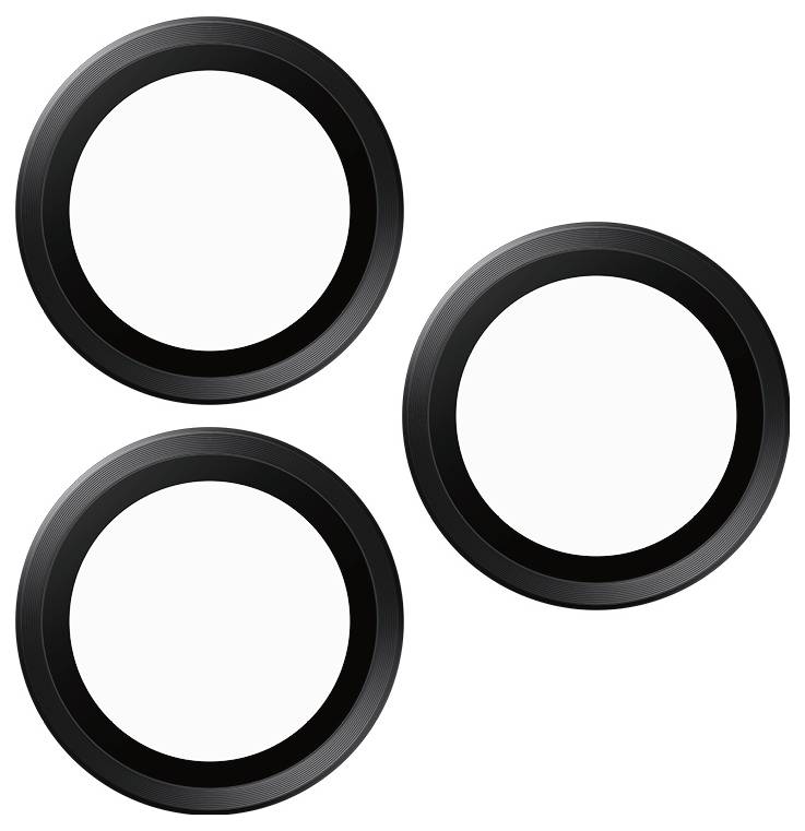 Drei identische schwarze Ringe auf weißem Hintergrund, symmetrisch angeordnet.