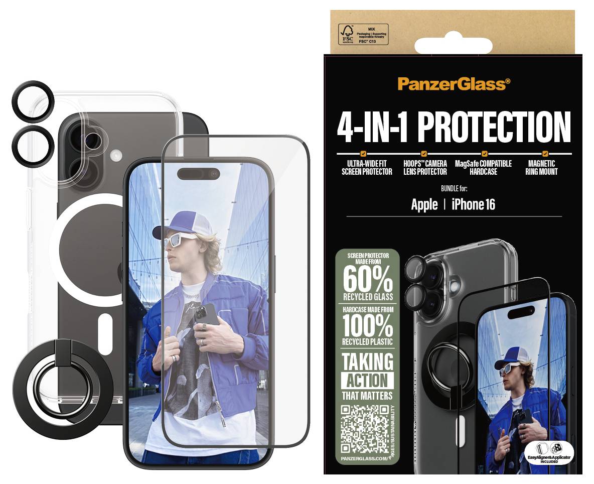 'PanzerGlass 4-in-1 Schutz' für iPhone 16: Displayschutz, Kameralinsenabdeckung, MagSafe-Hülle, magnetischer Ringhalter. Verpackung und Produkte sichtbar.