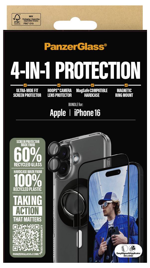 Verpackung eines 4-in-1-Schutzsets für iPhone 16, mit Bildschirm-, Kameraschutz, MagSafe-kompatibler Hülle und Magnetringhalter.