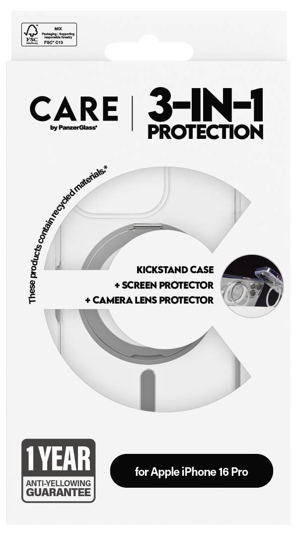 Verpackung eines 3-in-1 Schutzkits von PanzerGlass für das iPhone 16 Pro mit Ständerhülle, Displayschutz und Kameralinsenschutz.