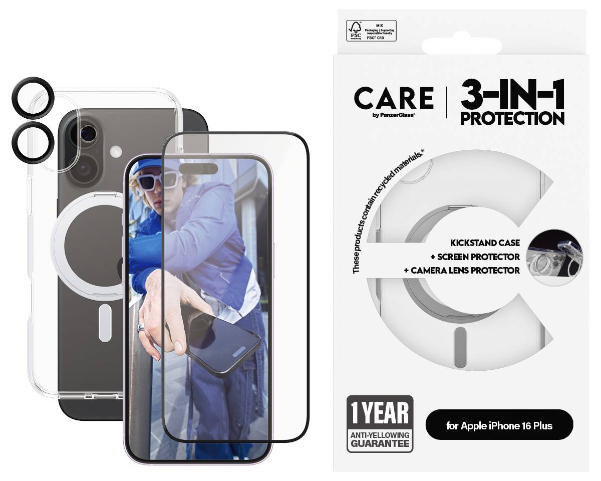 '3-IN-1 Protection' Verpackung für iPhone 16 Plus. Enthält Kickstand Case, Bildschirm- und Kameraobjektivschutz. Mann mit Smartphone auf Schutzfolie abgebildet.