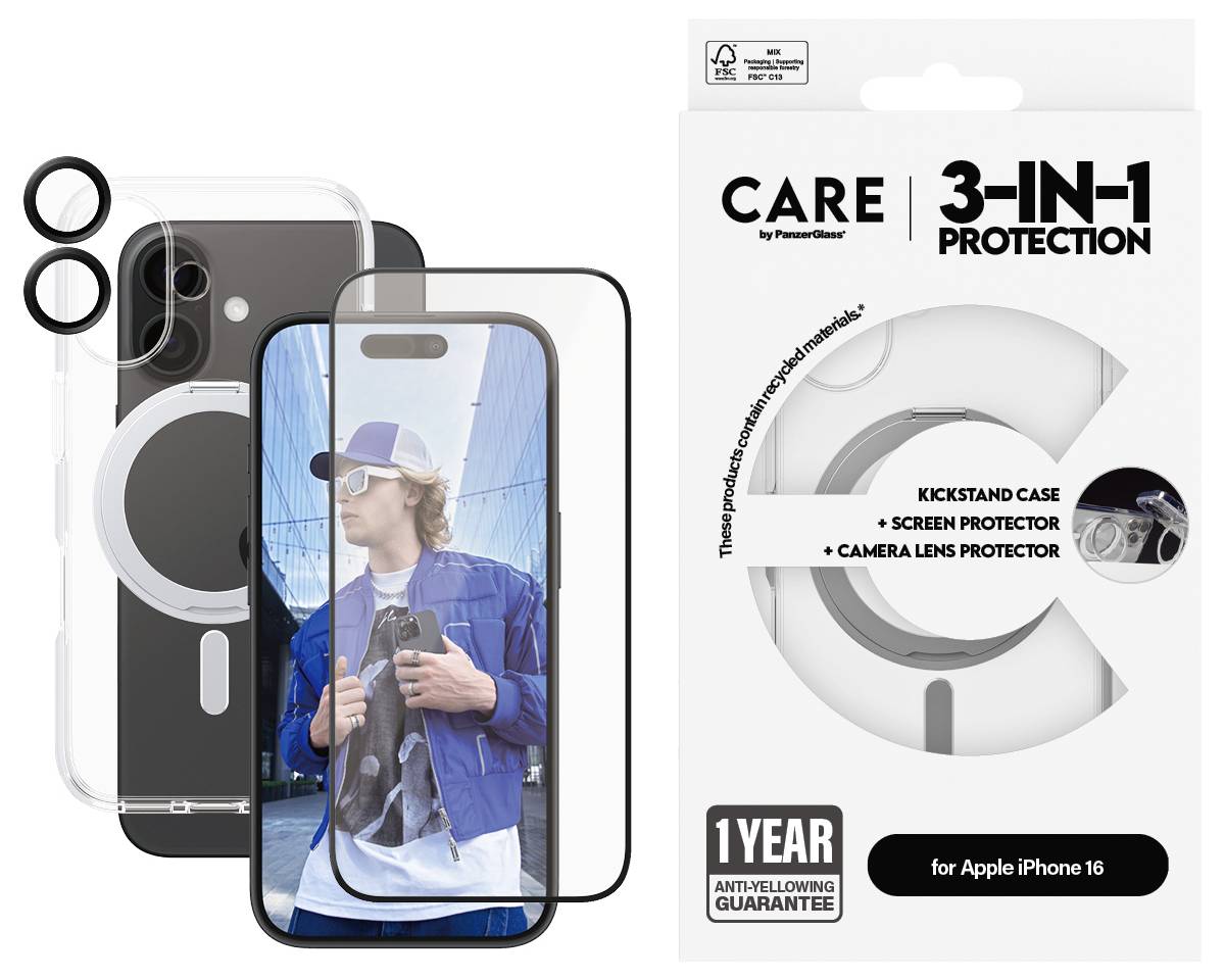 Verpackung mit '3-IN-1 PROTECTION' für das iPhone 16, bestehend aus Hülle, Displayschutz und Kameralinsenschutz. Enthält auch Bild eines Mannes.