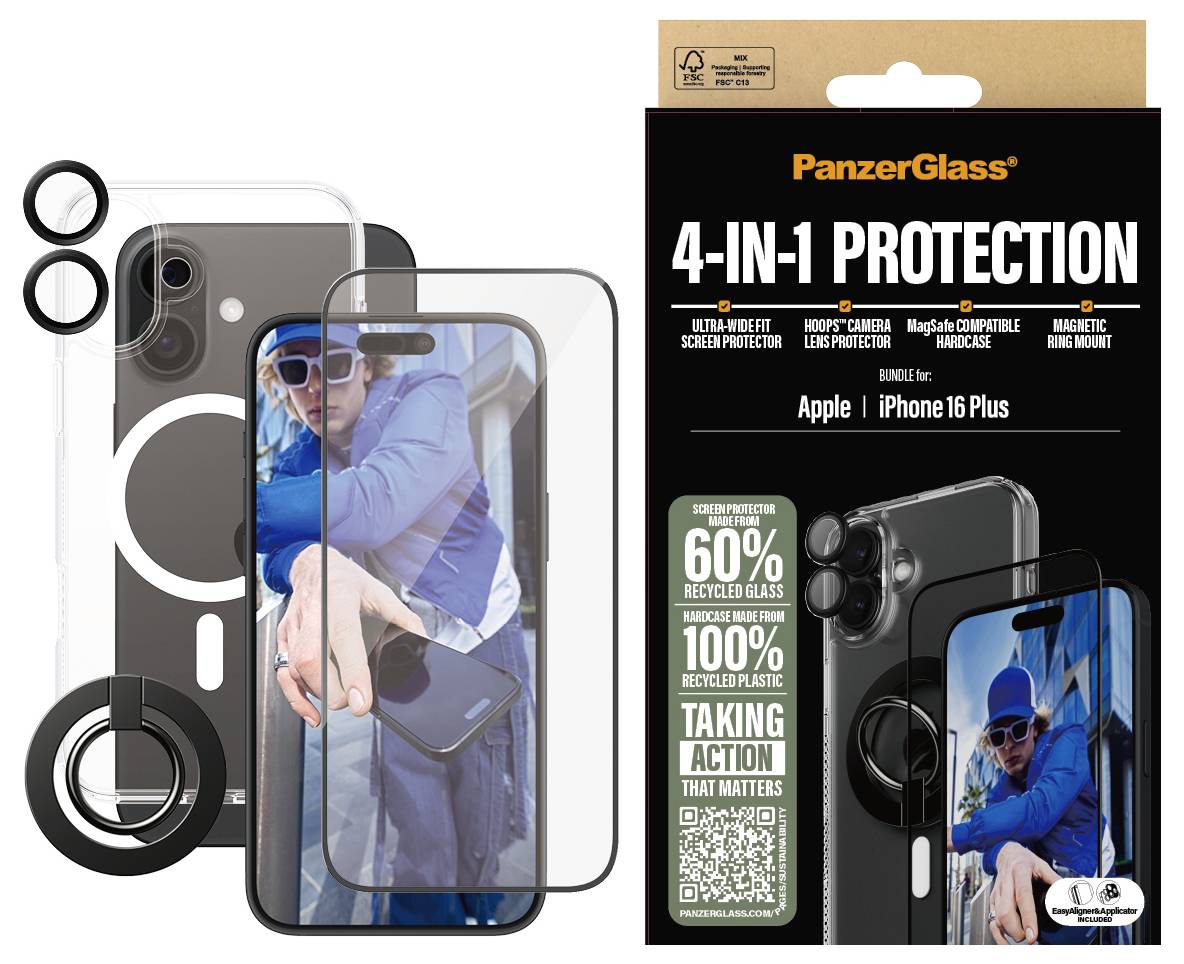 Schutzhülle-Set für das iPhone 16 Plus von PanzerGlass mit 4-in-1 Schutz: Display, Kamera, MagSafe-Abdeckung, magnetische Ringhalterung.