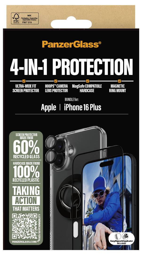 'PanzerGlass 4-in-1-Schutz' Verpackung mit Bild eines Smartphones, vier Schutzoptionen: Display, Kamera, Hartschale, magnetische Halterung. Kompatibel mit 'iPhone 16 Plus'.